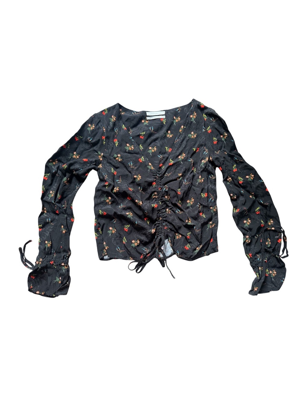 Urban Outfitters Black Floral Drawstring Long-Sleeve Women's Top XS